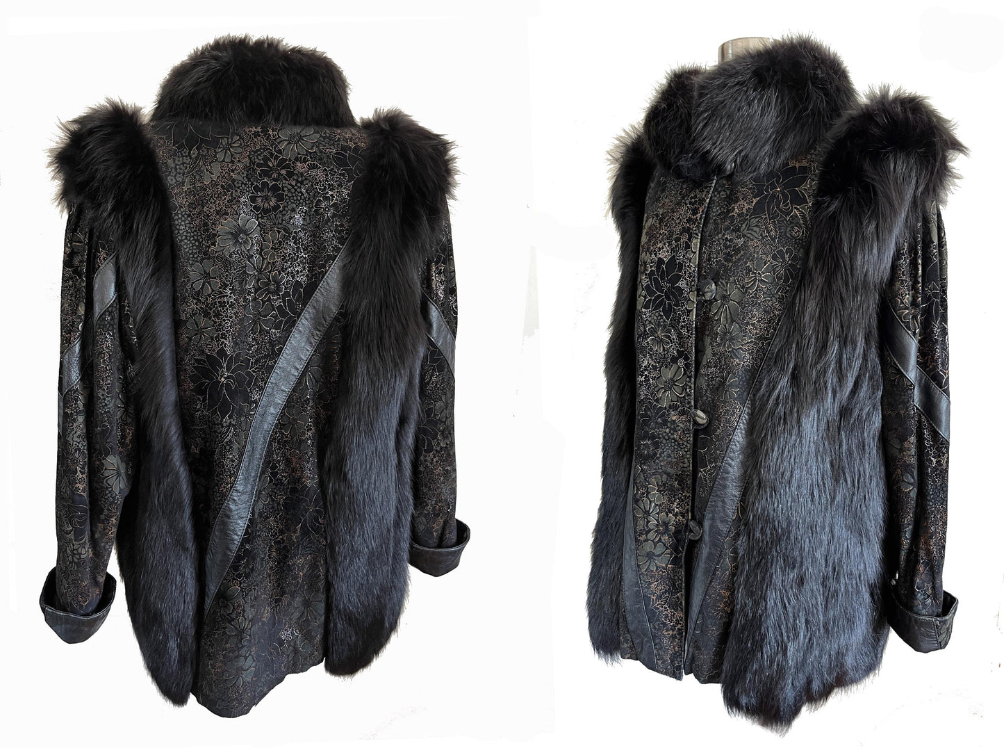 Black FOX Fur & Suede Leather Coat, '80s Diva Real Vintage, White Winter Wedding Stole, Mob Wife Aesthetic Jacket, Large XL