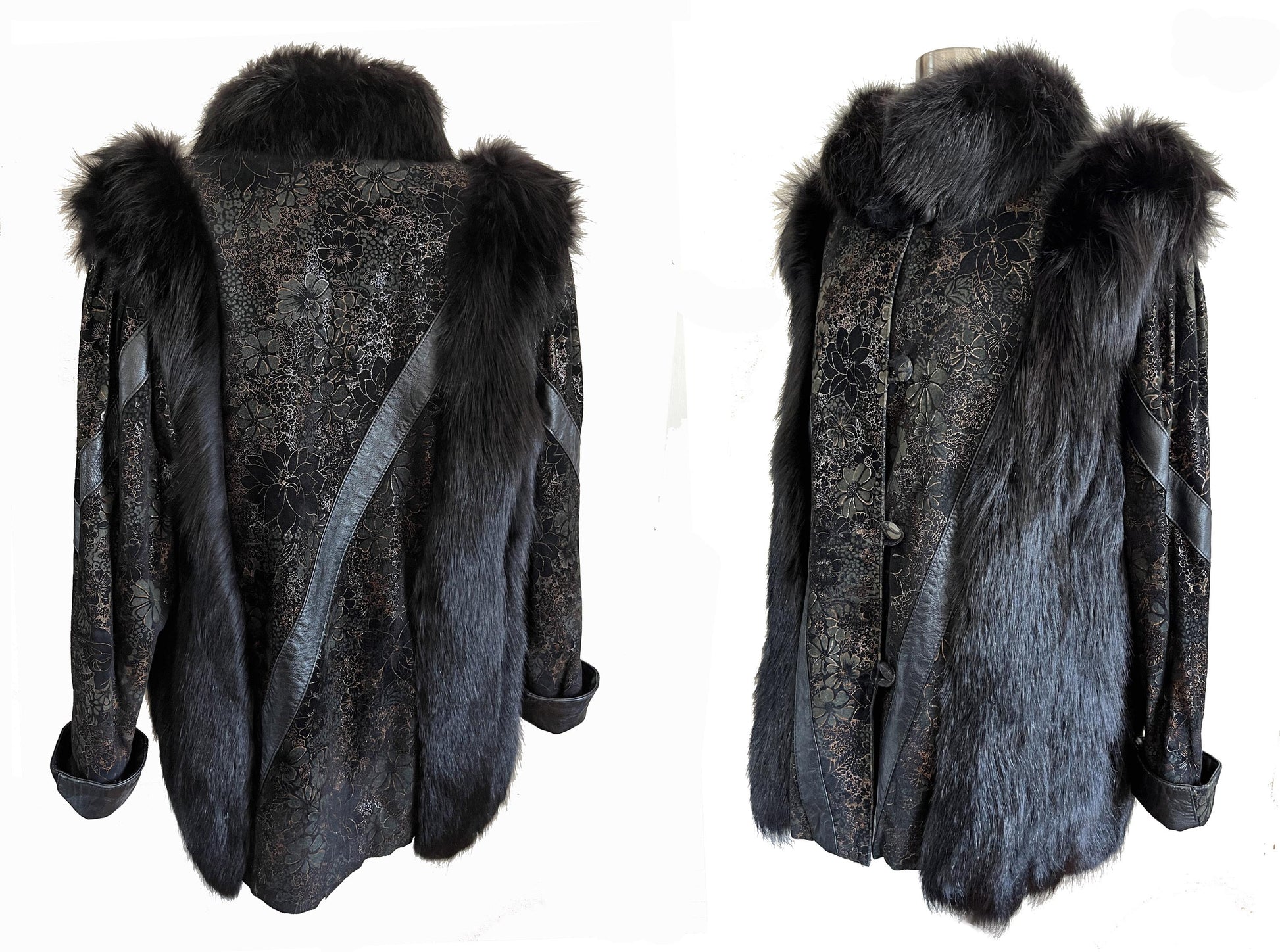 Black FOX Fur & Suede Leather Coat, '80s Diva Real Vintage, White Winter Wedding Stole, Mob Wife Aesthetic Jacket, Large XL
