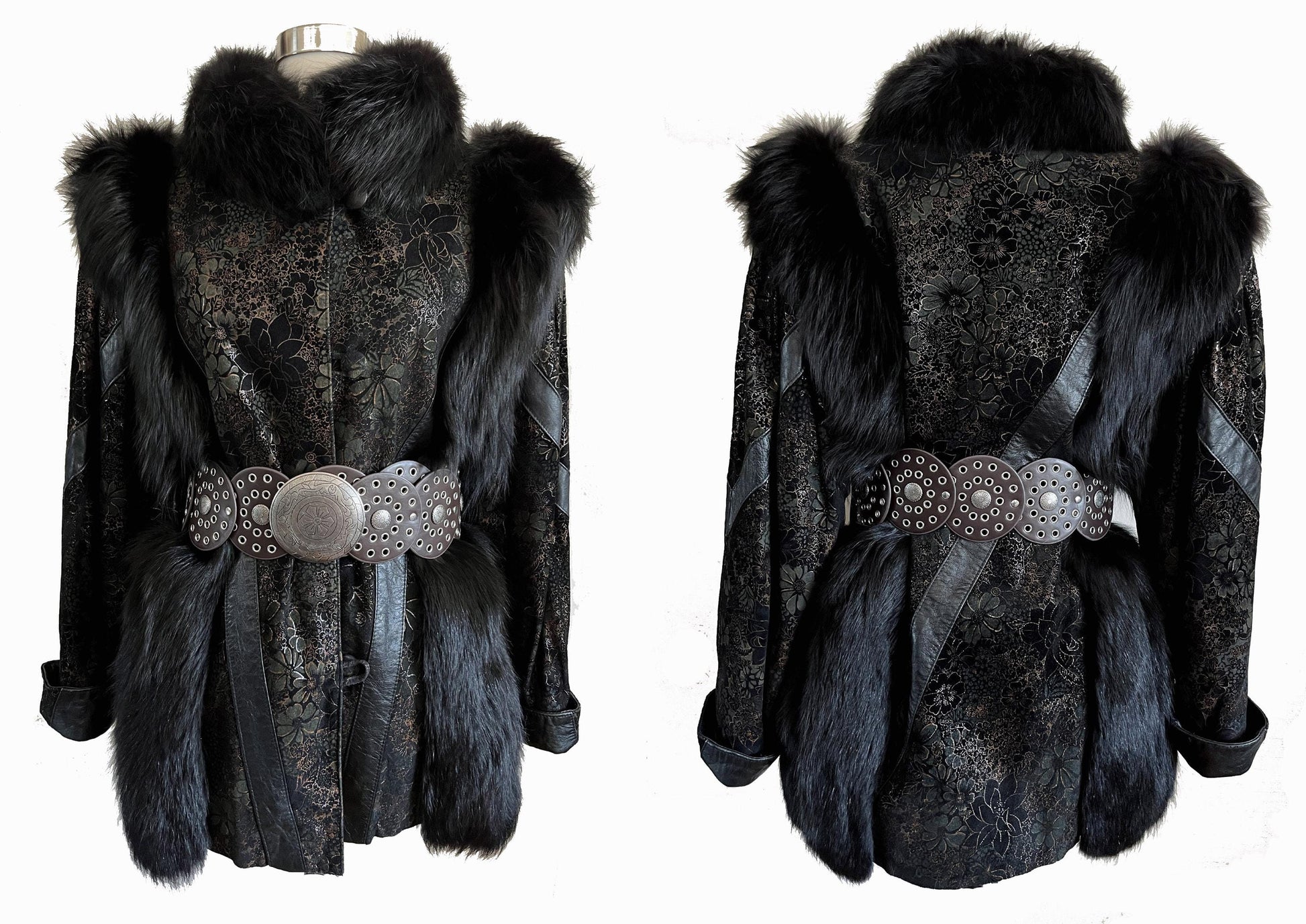 Black FOX Fur & Suede Leather Coat, '80s Diva Real Vintage, White Winter Wedding Stole, Mob Wife Aesthetic Jacket, Large XL