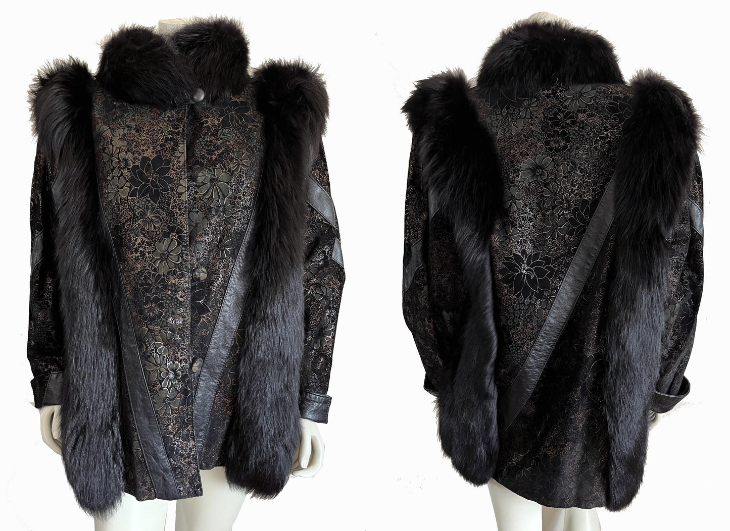 Black FOX Fur & Suede Leather Coat, '80s Diva Real Vintage, White Winter Wedding Stole, Mob Wife Aesthetic Jacket, Large XL