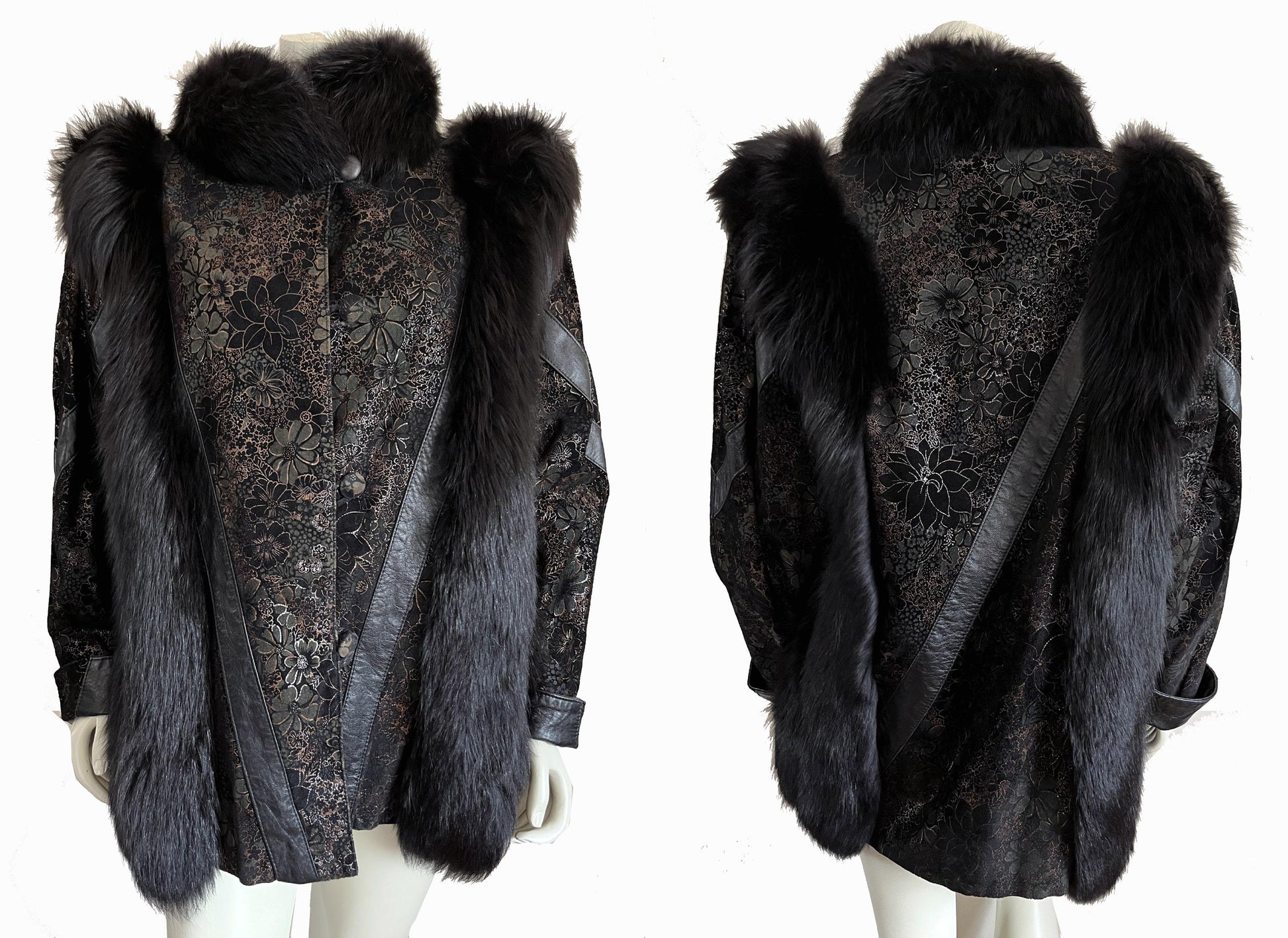 Black FOX Fur & Suede Leather Coat, '80s Diva Real Vintage, White Winter Wedding Stole, Mob Wife Aesthetic Jacket, Large XL
