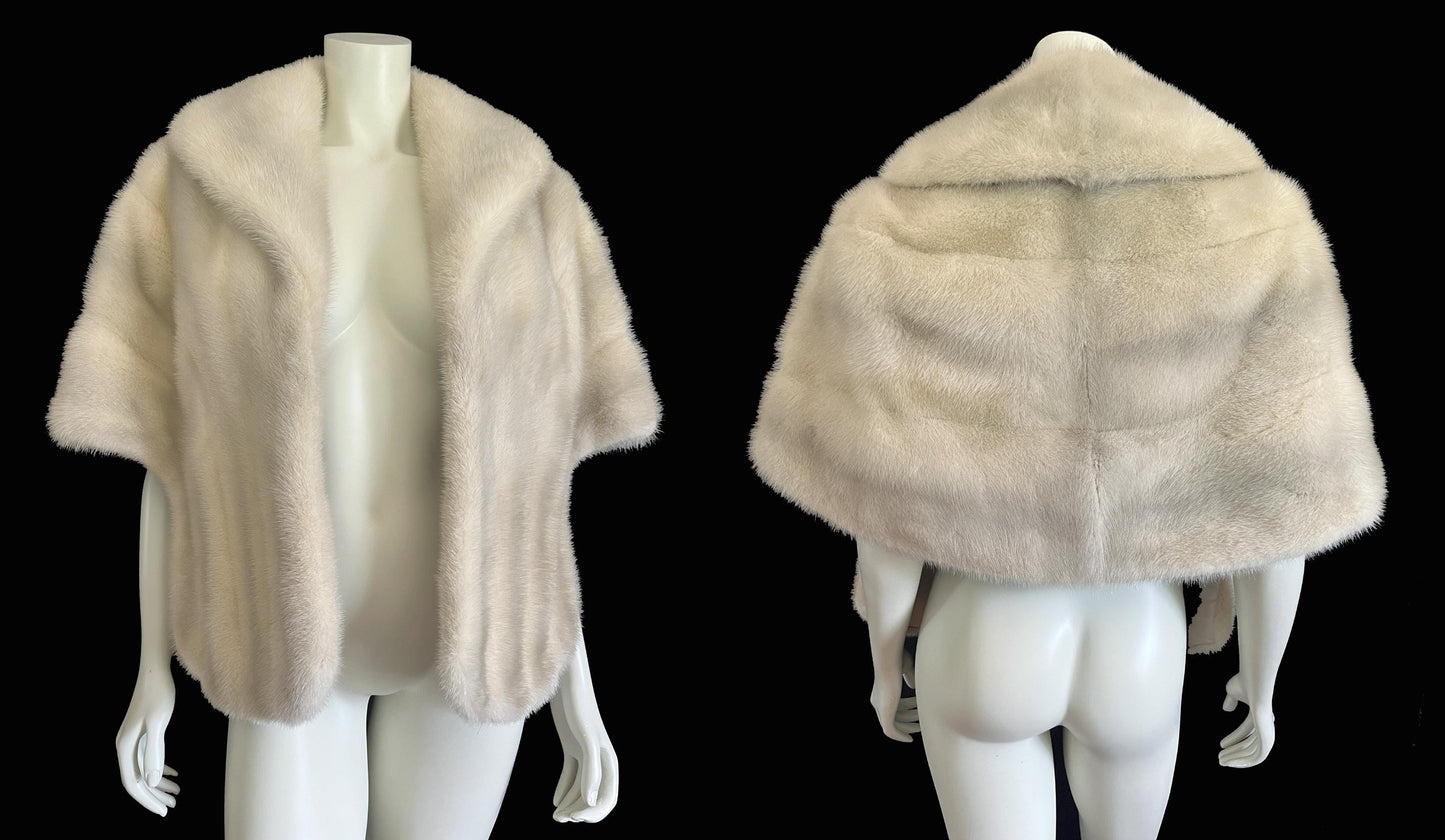 Azurene MINK Fur Stole, Ivory Real Vintage Wrap, Winter Wedding Cape, Rustic Bridal Shawl Gift, Great Gatsby Party White Vintage Coat, Large