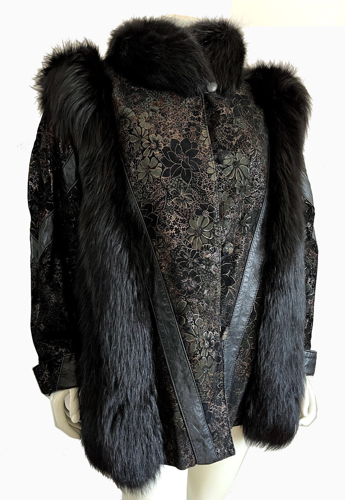 Black FOX Fur & Suede Leather Coat, '80s Diva Real Vintage, White Winter Wedding Stole, Mob Wife Aesthetic Jacket, Large XL