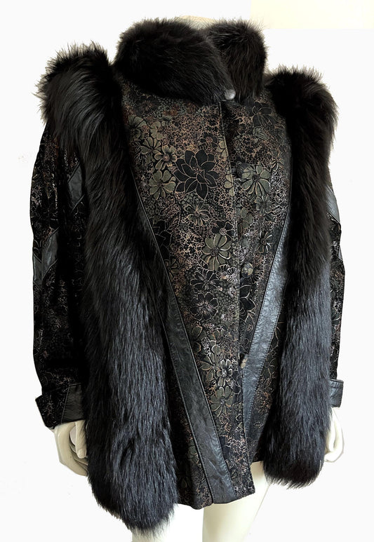 Black FOX Fur & Suede Leather Coat, '80s Diva Real Vintage, White Winter Wedding Stole, Mob Wife Aesthetic Jacket, Large XL
