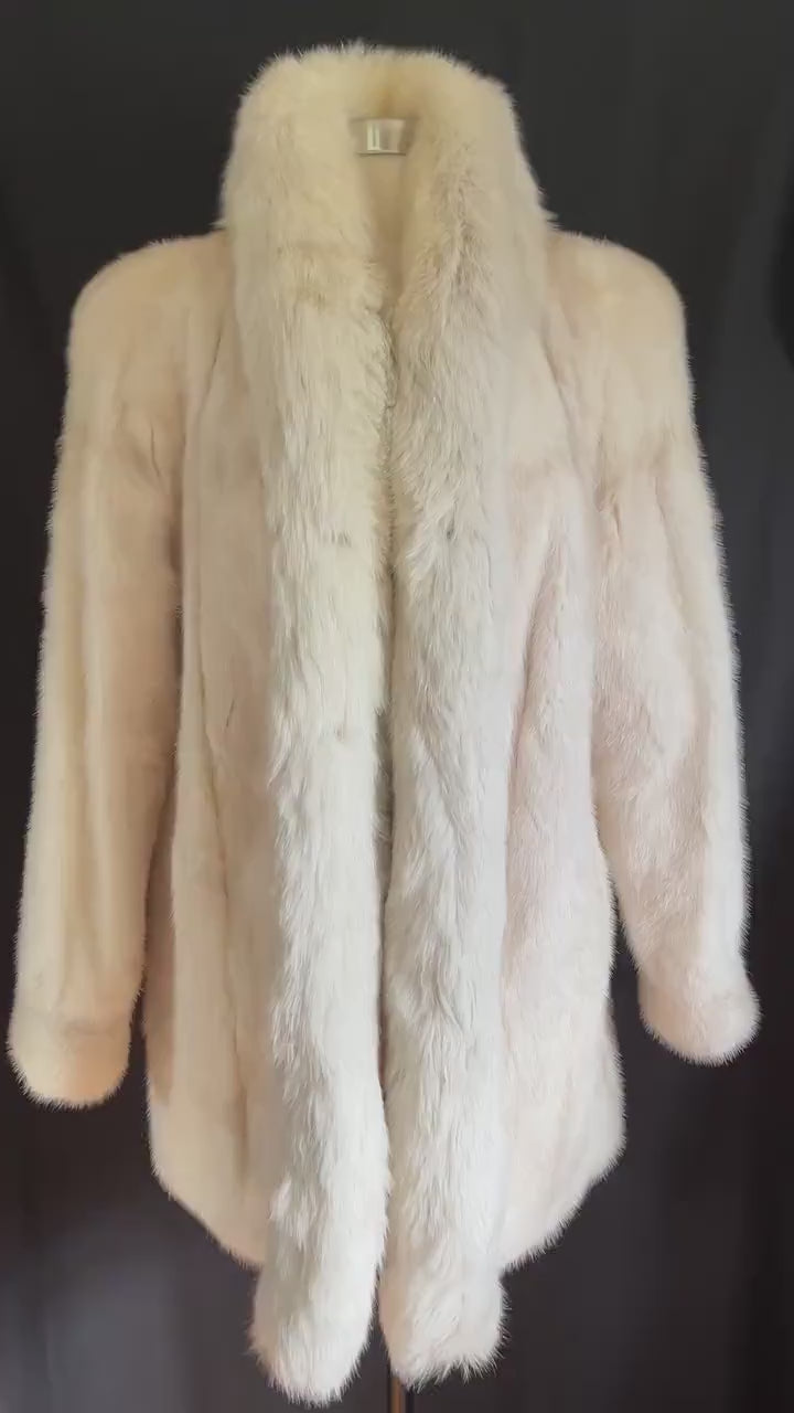 MINK & FOX Fur Coat, Beige Real Vintage Jacket, Winter Wedding Bolero Stole, Ivory Blonde Bridal Gift, Mob WIfe, Large XL Plus