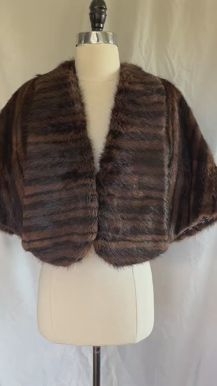 Brown MUSKRAT Striped Fur Cape, Mahogany Vintage Bridal Stole, Mother of the Bride Jacket Gift, Bridesmaid Mink Wedding Shawl