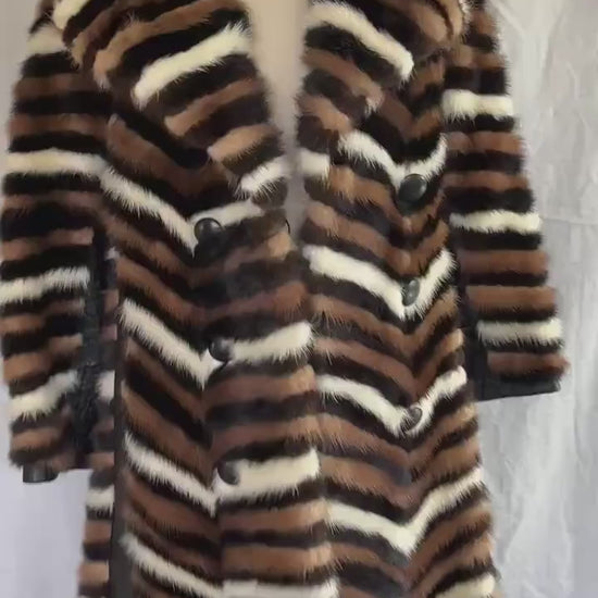 Chevron Striped MINK Fur Coat, Retro Brown Ivory Jacket, 1970s Almost Famous, Full Length Wedding Bridal Stroller Gift, XS Small Petite