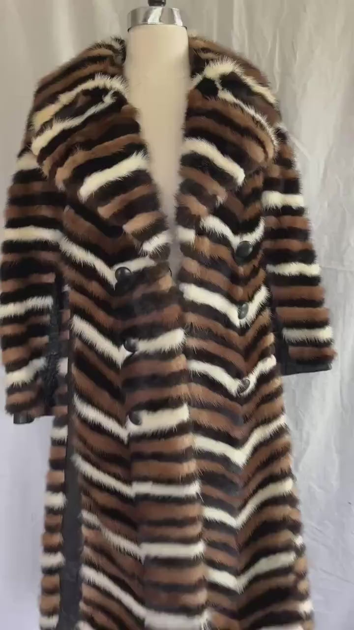 Chevron Striped MINK Fur Coat, Retro Brown Ivory Jacket, 1970s Almost Famous, Full Length Wedding Bridal Stroller Gift, XS Small Petite