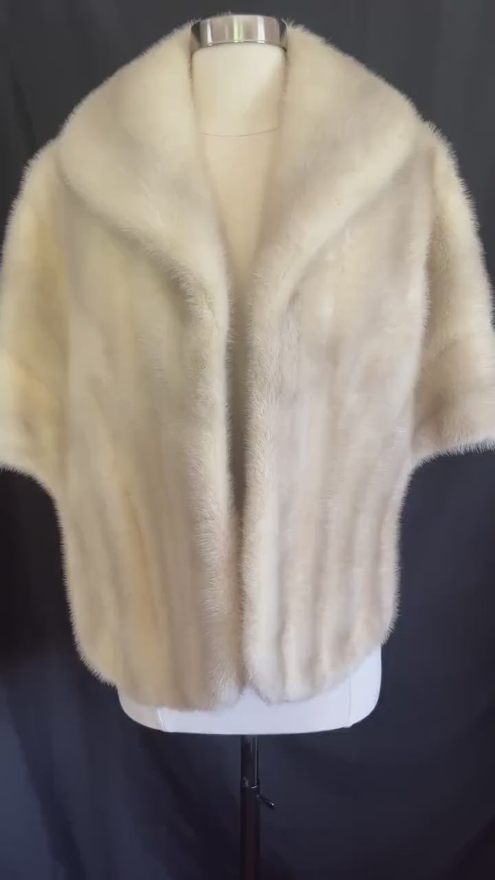 Azurene MINK Fur Stole, Ivory Real Vintage Wrap, Winter Wedding Cape, Rustic Bridal Shawl Gift, Great Gatsby Party White Vintage Coat, Large