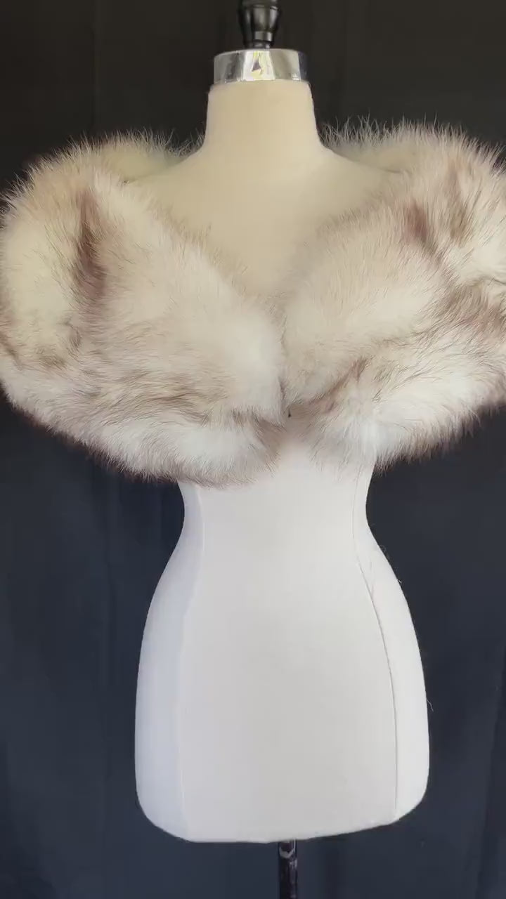 Norwegian FOX Fur Stole,  Ivory Winter Wedding Cape, White Brown Vintage Bridal Coat, White Retro Bridesmaid Jacket Gift, New Old Stock