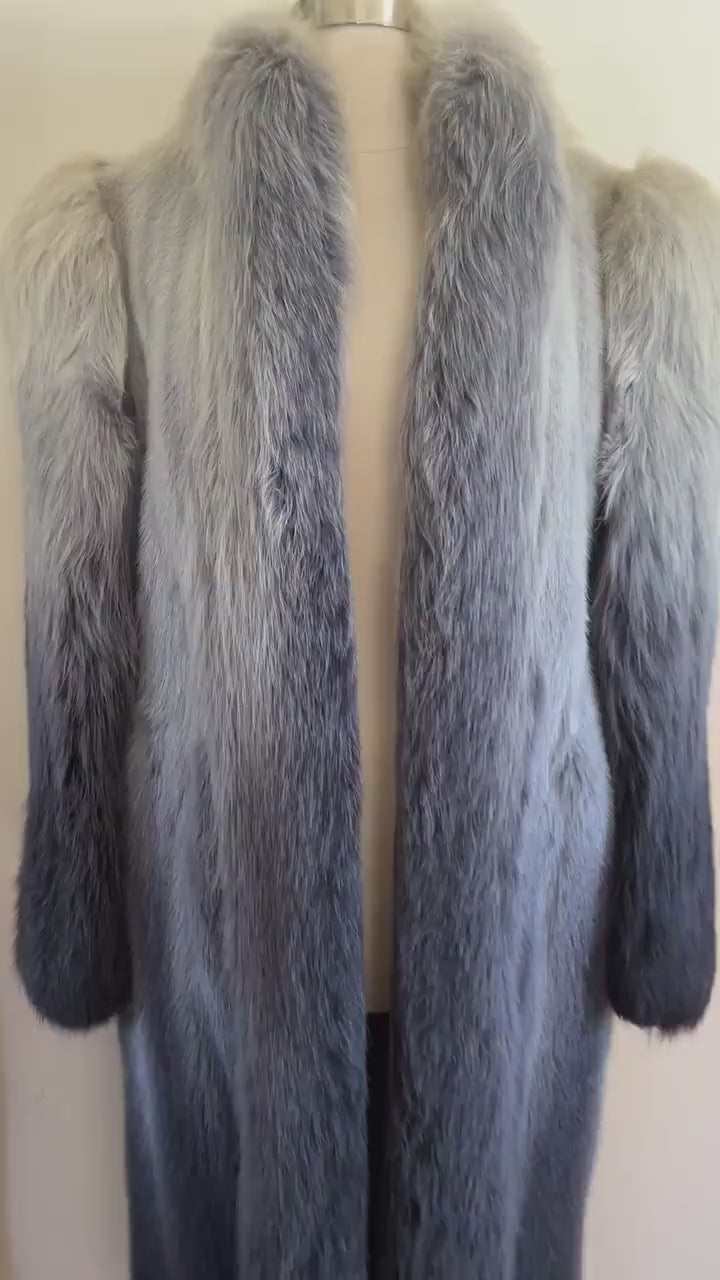 Ombre MINK & FOX Fur Coat, Luxury Vintage Blue Full Length Mob Wife Jacket, Mother of the Bride Gift, Tuxedo Apres Ski Coat