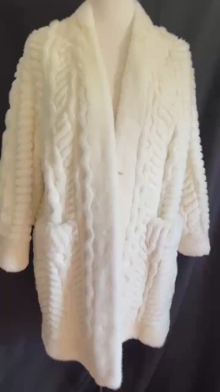Christian Dior Ivory Cable Knit MINK Fur Coat, Wedding Bride Bolero Sweater Jacket Coat, White Stole Wrap Luxury Designer Diva Celeb Gift