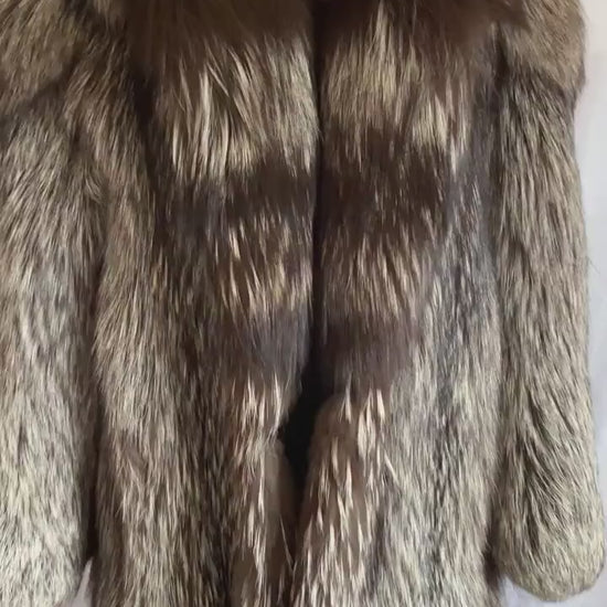 Silver FOX Fur Coat, Brown Vintage Long Jacket, Apres Ski Mob Wife Style, Hollywood Celebrity Party Gift, Full Length, Large XL