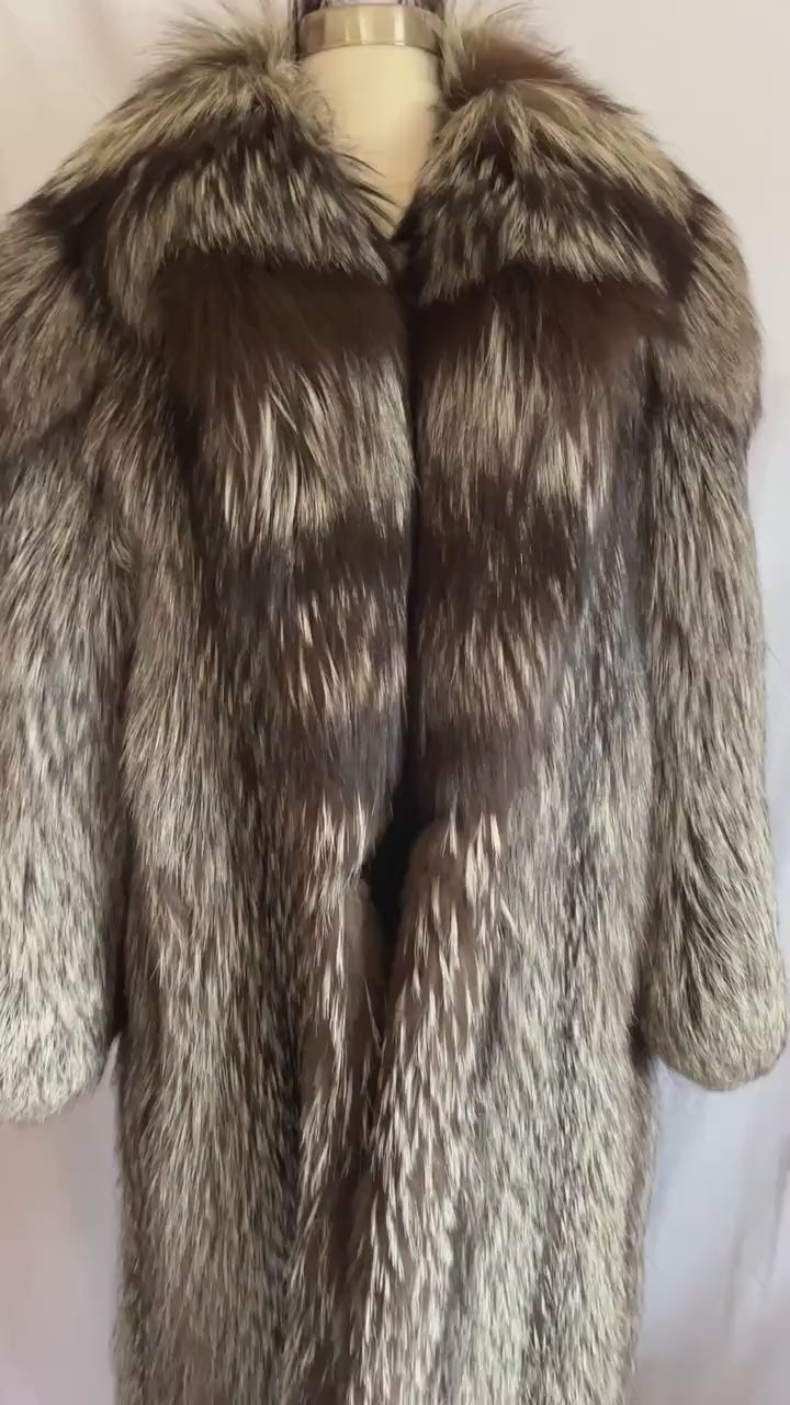 Silver FOX Fur Coat, Brown Vintage Long Jacket, Apres Ski Mob Wife Style, Hollywood Celebrity Party Gift, Full Length, Large XL