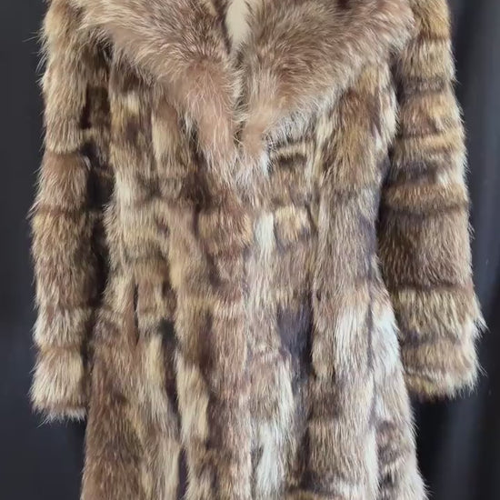 RACCOON Fur Coat, Real Vintage Full Length Jacket, Mob Wife Style Gift, Brown Fluffy Collar