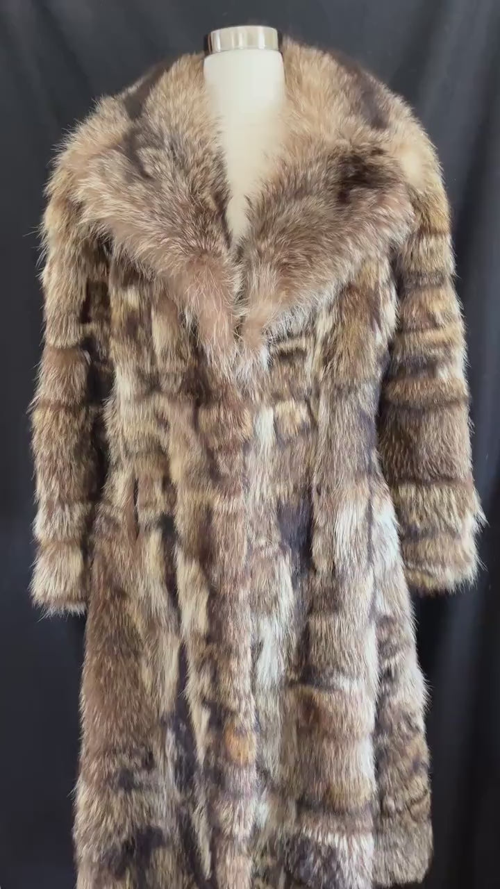 RACCOON Fur Coat, Real Vintage Full Length Jacket, Mob Wife Style Gift, Brown Fluffy Collar