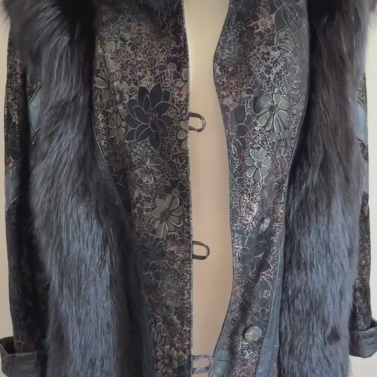 Black FOX Fur & Suede Leather Coat, '80s Diva Real Vintage, White Winter Wedding Stole, Mob Wife Aesthetic Jacket, Large XL