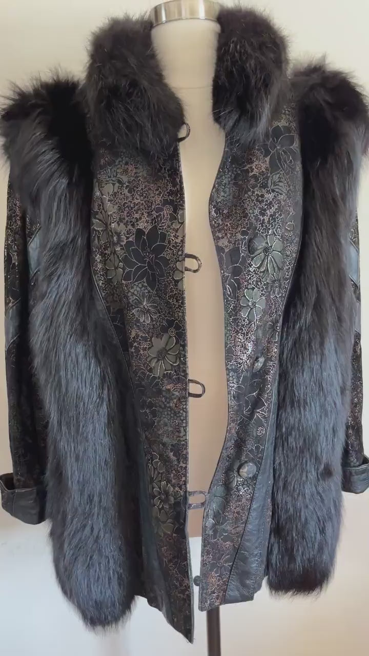 Black FOX Fur & Suede Leather Coat, '80s Diva Real Vintage, White Winter Wedding Stole, Mob Wife Aesthetic Jacket, Large XL