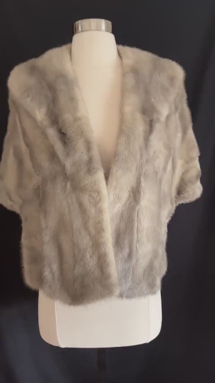 Silver MINK Fur Stole, Cerulean Real Vintage Shawl, Sapphire Winter Wedding Jacket Cape, Bridal Bridesmaid Mother of the Bride, Small XS