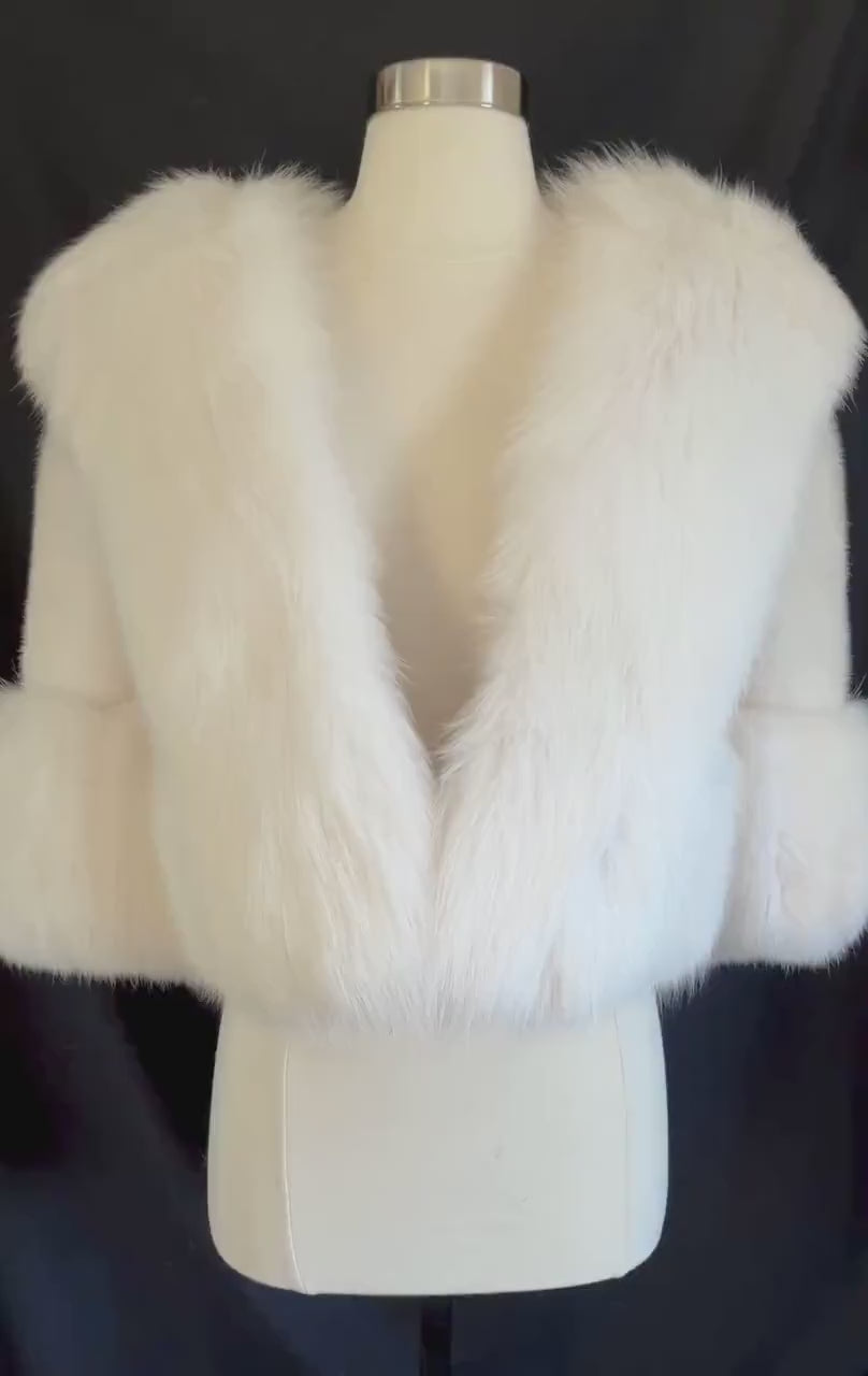 SAGA MINK & Arctic FOX Fur Cape, Luxury Vintage Stole, Ivory Wedding Bridal Bolero Coat, White Apres Ski Jacket, Mob Wife Shawl Gift, Large