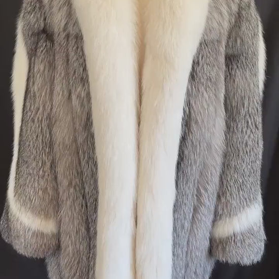 FOX Fur Coat, Diva Apres Ski Gift, Mob Wife Aesthetic, Vintage Tuxedo Jacket, Winter Wedding Bridal  Stroller, Arctic Crystal Silver