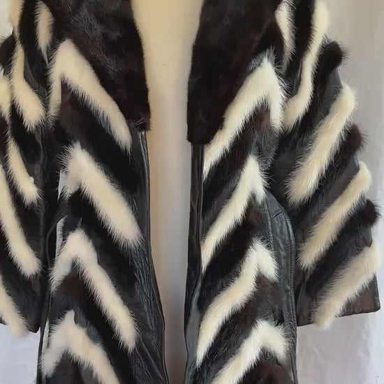 Vintage MINK Fur Coat, Leather Belt Retro Jacket, 1970s Ivory Brown Black, Almost Famous, Wedding Bridal Stole, Mob Wife Style Gift