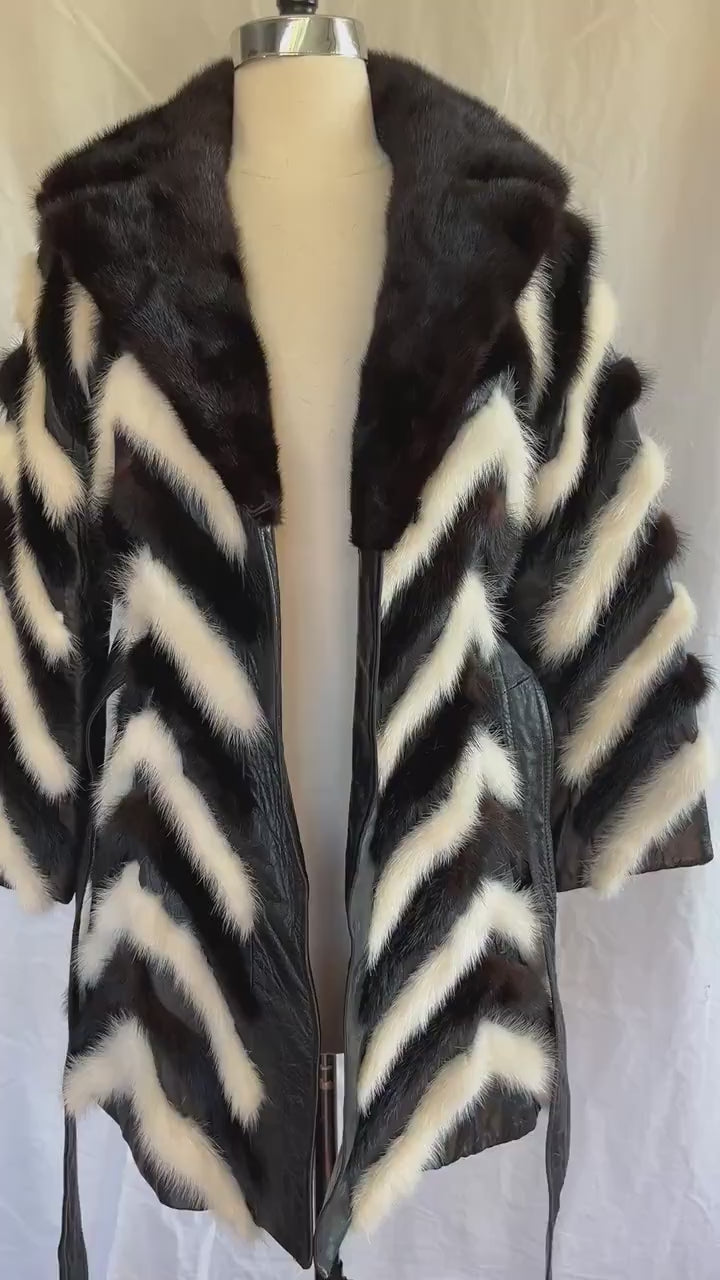 Vintage MINK Fur Coat, Leather Belt Retro Jacket, 1970s Ivory Brown Black, Almost Famous, Wedding Bridal Stole, Mob Wife Style Gift