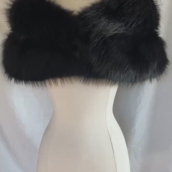 Black FOX Fur Stole, Real Vintage Bridal Cape Shawl, Winter Wedding Gift, Mother of the Bride, Vintage Fur Coat Jacket, Small XS