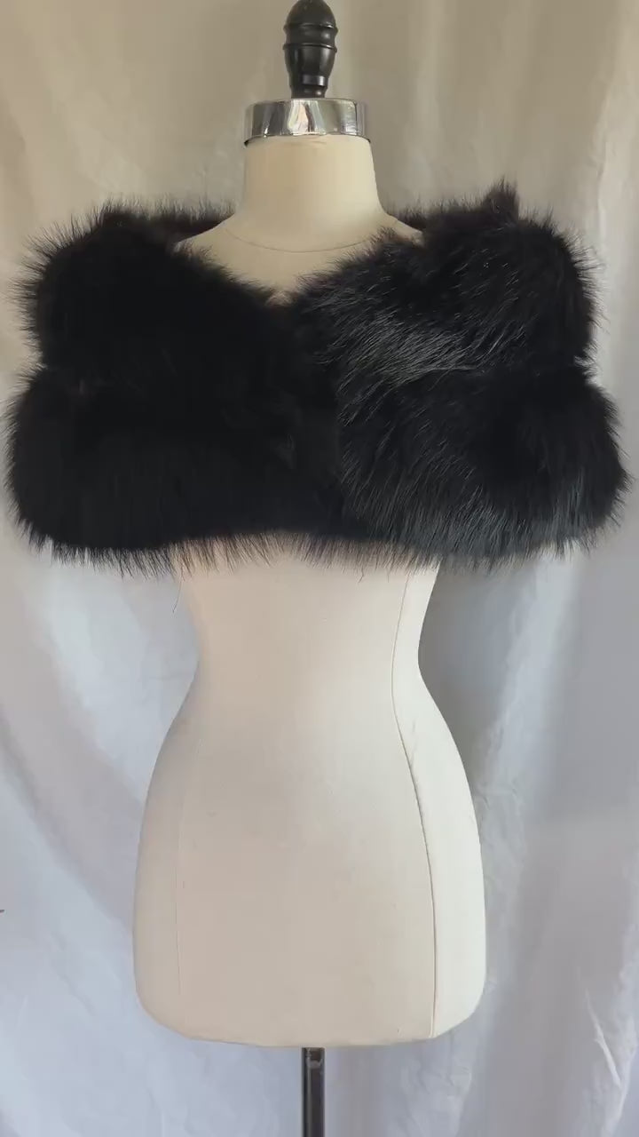 Black FOX Fur Stole, Real Vintage Bridal Cape Shawl, Winter Wedding Gift, Mother of the Bride, Vintage Fur Coat Jacket, Small XS