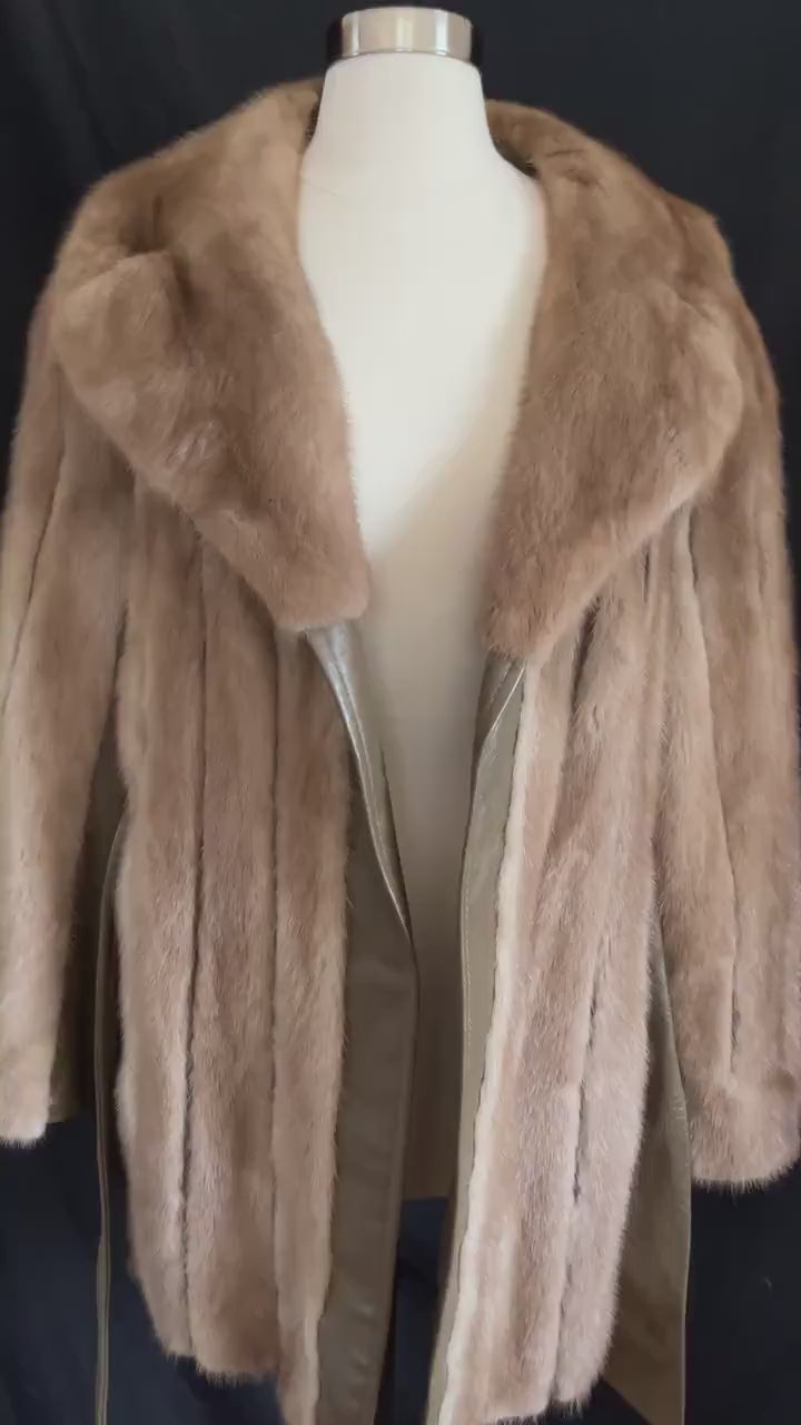 Brown MINK Fur Leather Coat, 1970s Pastel Real Vintage Jacket, Rustic Autumn Haze Wedding Bridal, Mob Wife Style Gift, Large XL