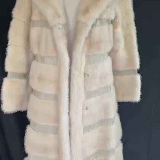 Beige MINK Fur Long Coat, Leather Belt Retro Ivory Jacket, 1970s Almost Famous, Full Length Blonde Wedding Bridal Stroller, Small XS