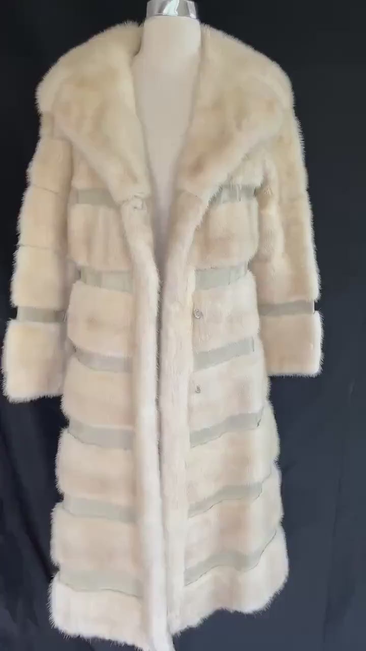 Beige MINK Fur Long Coat, Leather Belt Retro Ivory Jacket, 1970s Almost Famous, Full Length Blonde Wedding Bridal Stroller, Small XS