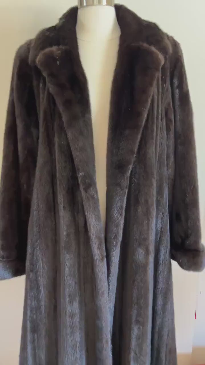 I. Magnin Geoffrey Beene MINK Fur Coat, Mahogany Ranch Brown Vintage Jacket, Full Length, Fully Let Out Female Skins Gift, Large XL Plus