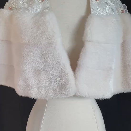 American Legend White MINK Fur Cape, Wedding Jacket, Vintage Fur Coat, Flower Beaded Ivory Bridal Gift Shawl Stole, New Old Stock