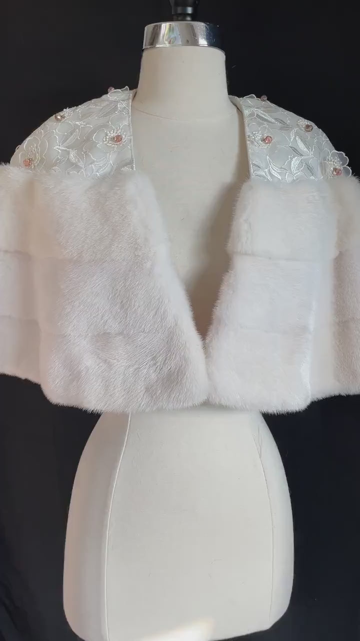American Legend White MINK Fur Cape, Wedding Jacket, Vintage Fur Coat, Flower Beaded Ivory Bridal Gift Shawl Stole, New Old Stock
